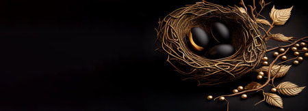 Nest with black and gold decor. stylish elegant easter background. AI generated.の素材