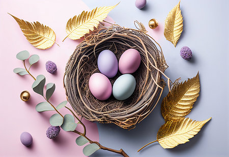 Nest with pastel and gold decor. stylish elegant easter background. AI generated.の素材