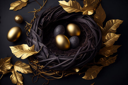 Nest with black and gold decor. stylish elegant easter background. AI generated.の素材