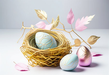 Nest with pastel and gold decor. stylish elegant easter background. AI generated.の素材