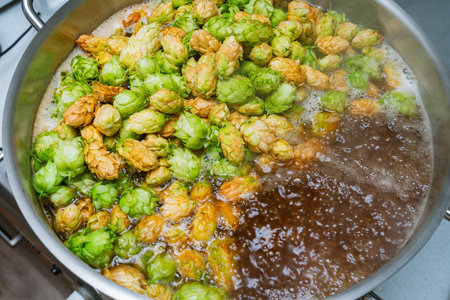 cons of hop on the surface of boiling homemade beer. Craft beer brewing from grain barley pale malt...