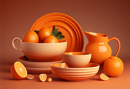 ceramic kitchen cups and plates and bowls orange background. AI generated.の素材