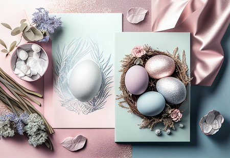 Elegant stylish Easter background. silver and pastel easter decor. AI generated.の素材