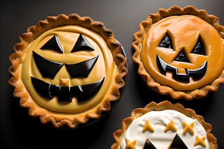 Pies with pumpkin face for Halloween. AI generated contentの素材