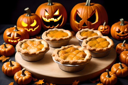 Pumpkin pie and pumpkin with scary face. Halloween tradition. AI generated contentの素材
