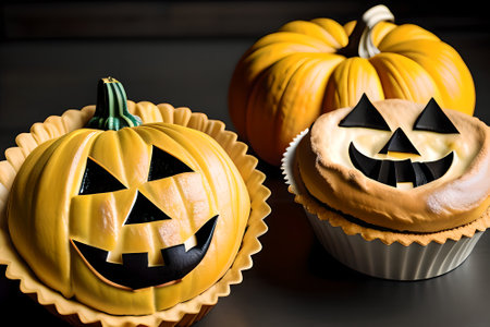 Pies with pumpkin face for Halloween. AI generated contentの素材