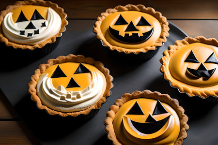Pies with pumpkin face for Halloween. AI generated contentの素材
