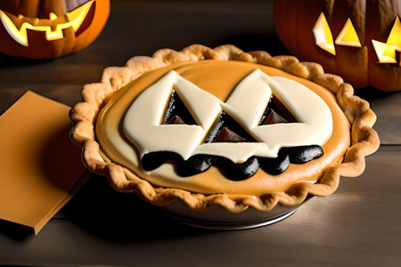 Pies with pumpkin face for Halloween. AI generated contentの素材