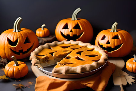 Pumpkin pie and pumpkin with scary face. Halloween tradition. AI generated contentの素材