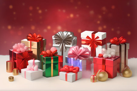 Colorful multicolored Christmas gift boxes. Merry Christmas and Happy New Year. AI generated contentの素材