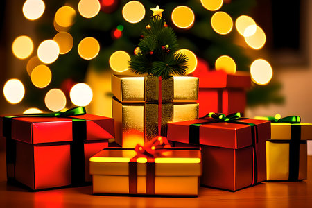 Colorful multicolored Christmas gift boxes. Merry Christmas and Happy New Year. AI generated contentの素材
