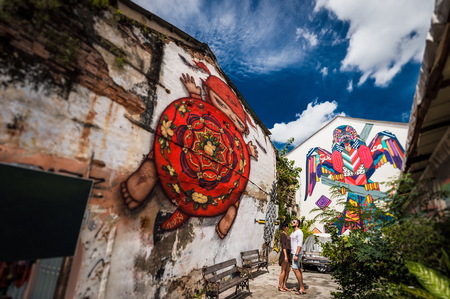 Street graffiti. A couple in love travels. Painted walls by street artists. Beautiful graffiti. Old streetのeditorial素材