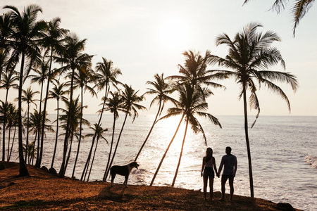 Silhouette of lovers at sunset. Honeymoon trip.の写真素材