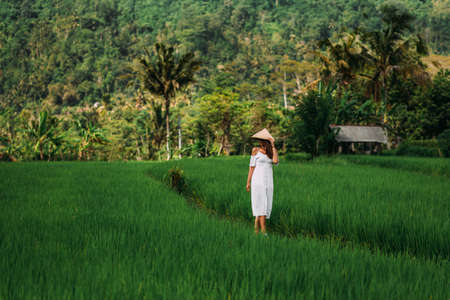 A beautiful girl walks on rice terraces on the island of Bali. A beautiful girl in a white dress and a conical hat walks through green rice fields. Copy space. A woman in a Balinese conical hatの写真素材