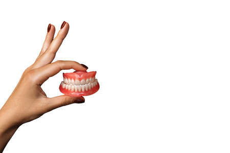 The dentist is holding dentures in his hands. Dental prosthesis in the hands of the doctor close-up. Front view of a complete denture on a white background. Dentistry conceptual photo. False teethの写真素材