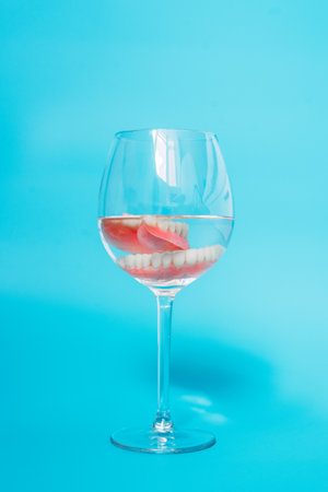 Prosthesis in a glass with a solution. Dental prosthesis care. Full removable plastic denture of the jaws. Two acrylic dentures. Upper and lower jaws with fake teeth. Dentures or false teeth, close-upの写真素材