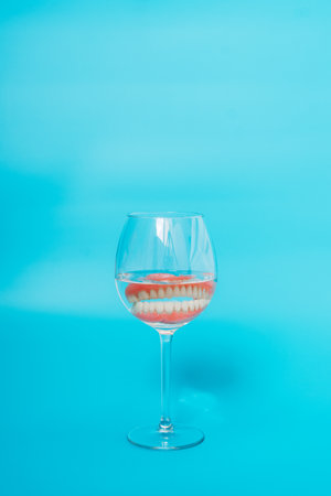 A denture in a glass of water. Dental prosthesis care. Full removable plastic denture of the jaws. Two acrylic dentures. Upper and lower jaws with fake teeth. Dentures or false teeth, close-up.の写真素材