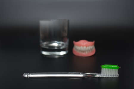 Full removable plastic denture of the jaws. Two acrylic dentures. Dental care with an toothbrush....