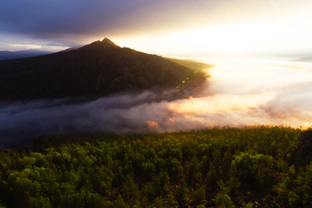 Fog in the mountains at sunrise. Morning fog in the mountains at dawn. Clouds in the mountains. Morning fog after rain. Mountains at dawn. Milk rivers. Copy spaceの写真素材