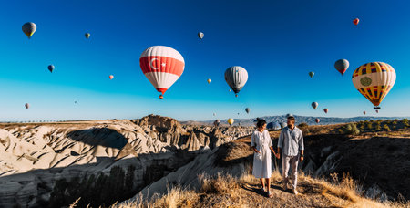 Travel to the tourist places of Turkey. A couple in love stands against the background of balloons in Cappadocia, panorama.Travel to Turkey. Vacation in Turkey. Honeymoon trip. Cappadocia. Copy spaceの写真素材