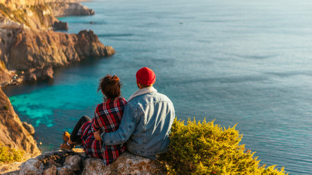 A man and a woman are sitting on the edge of a cliff by the sea. Honeymoon. Honeymoon trip. Man and woman at the sea. A man and a woman are traveling. Couple hugs. Newly married couple. Copy spaceの写真素材