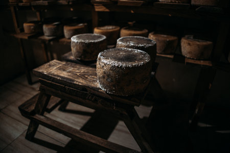 A chamber for maturation and aging of cheese circles in a private cheese factory. Abundance of Heads of Goat Cheese on Shelf Stands Arranged to Ripen on Cheese Farmの写真素材