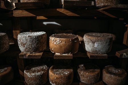 A chamber for maturation and aging of cheese circles in a private cheese factory. Abundance of Heads of Goat Cheese on Shelf Stands Arranged to Ripen on Cheese Farmの写真素材