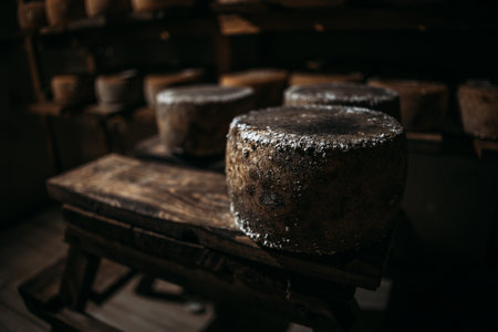 A chamber for maturation and aging of cheese circles in a private cheese factory. Cheese maturation cellar. Private elite cheese factory. Close-upの写真素材