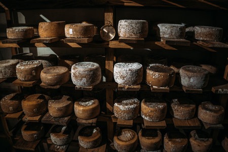 A cheese factory with lots of cheese lined up on shelves. The process of making hard cheese on a small cheese farm.の写真素材