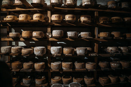 A cheese factory with lots of cheese lined up on shelves. The process of making hard cheese on a small cheese farm.の写真素材