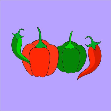 Green and red chilli on blue backgroundの写真素材
