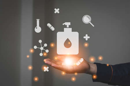 A man hand receive vaccine solid icon and related icon, computer graphic design, flare light focus...