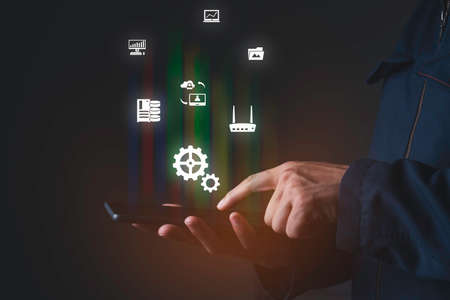 A man holding the mobile with vector flat white icon, data and provider service related, computer...