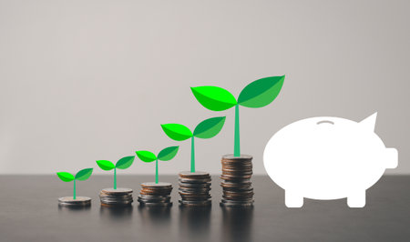 Money coin saving with computer vector tree, investment and growth economic, copy space for individual textの写真素材