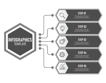 Business infographics template with grey color, diagram, workflow, web design, plan, 5 steps of work. Vector illustrator.のイラスト素材