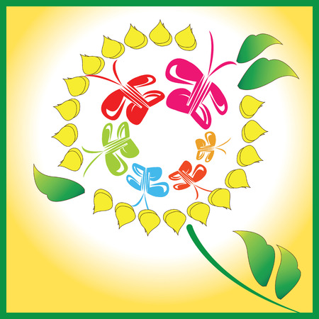 Team of six colorful butterflies enjoying together on a bright yellow flower on a sunny day.のイラスト素材