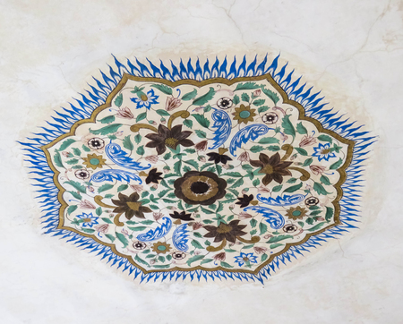 Artistic handmade wall painting in amber fort Rajasthan, Indiaの写真素材