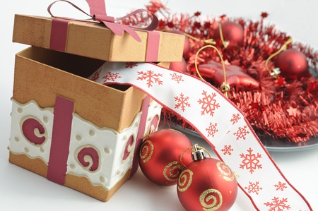 Christmas decoration balls and boxの写真素材