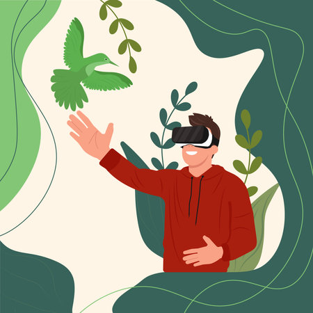 The concept of the metaverse. A man in virtual reality glasses. Virtual reality or augmented reality.Cute vector illustration in flat cartoon styleのイラスト素材
