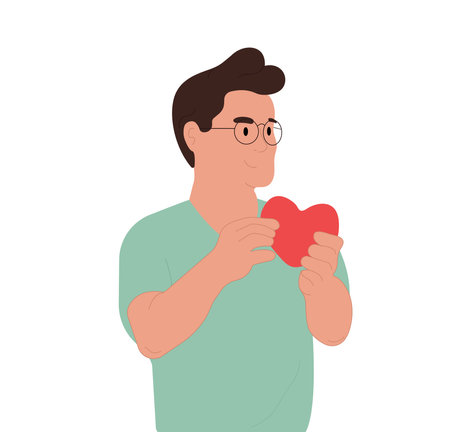 Male volunteer.A person with a sense of affection, gratitude, offers his support and loveVector flat illustration isolated on white background.のイラスト素材