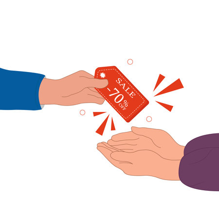sale. 70 OFF. Hand holding discount coupon and passes to other hands.Vector flat illustration isolated on white background.のイラスト素材