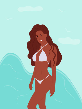 Overjoyed young woman in swimsuit. vector illustration.のイラスト素材