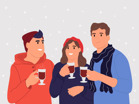 Characters with hot drinks. Winter happiness, mulled wine or coffee drink for a snowy winter. Vector illustration in flat cartoon style.のイラスト素材