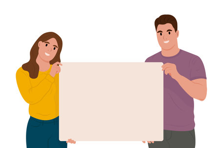 Man and a girl hold a blank sheet of paper in their hands. Office workers present advertisement on blank banner background mockup with space for presentation. Vectorのイラスト素材