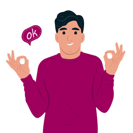 Happy positive man showing gesture. Ok sign and gesture language concept. Flat vector illustrationのイラスト素材