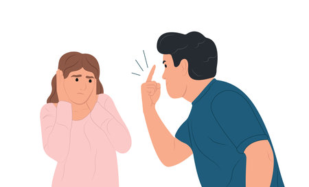 Misunderstanding of conflicts between people. A man scolds a woman, a woman is in a tearful state covers her ears with her hands.のイラスト素材