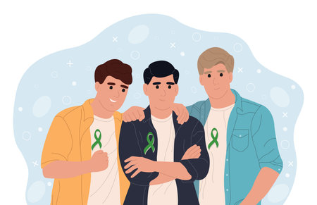 Psychology mental health concept.A mans with a green ribbon on his chest. Happy positive people group portrait. Flat vector illustrationのイラスト素材