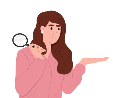 Investment research and curiosity concept. Young smiling girl holding a magnifying glass and pecks answers to questionsのイラスト素材