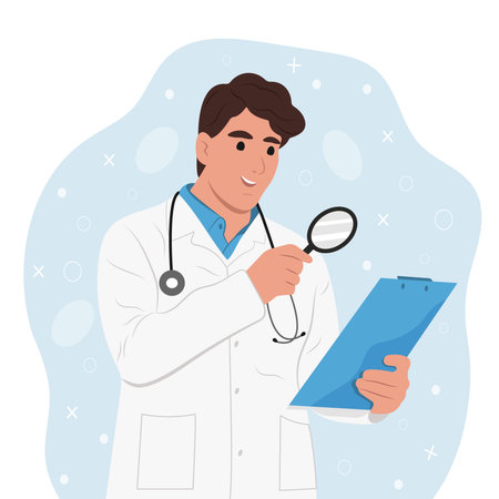 curiosity concept. The man is a doctor with a tablet and a stethoscope, standing looking at something with a magnifying glassのイラスト素材