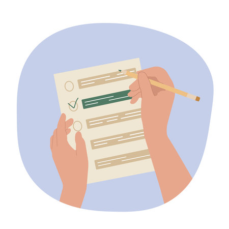 Hands raised up hold a pencil and choose the correct answer from the checklist.のイラスト素材